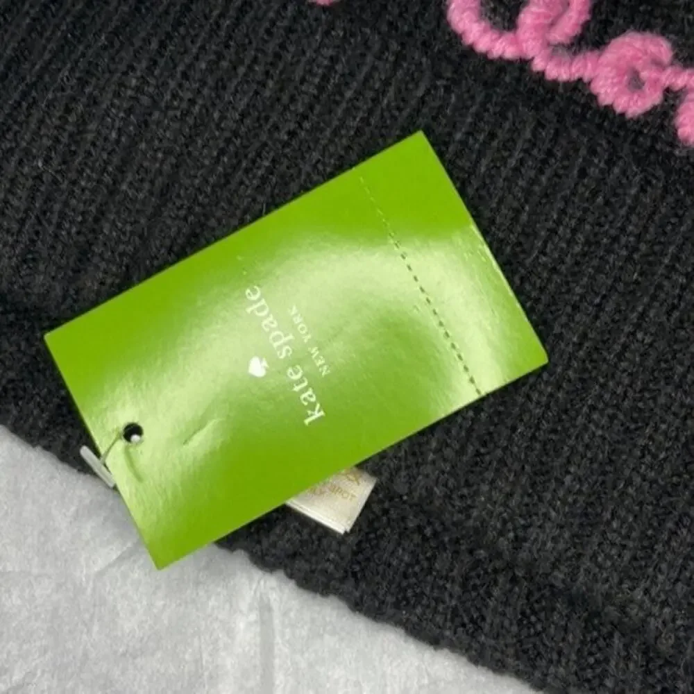 Kate Spade New York meow marabou pompom beanie black